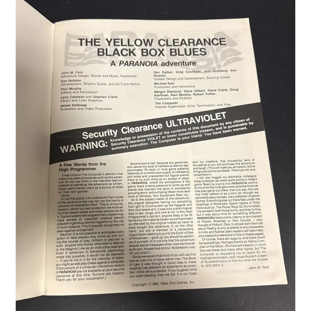 The Yellow Clearance Black Box Blues Paranoia RPG 1985 West End Games 80103